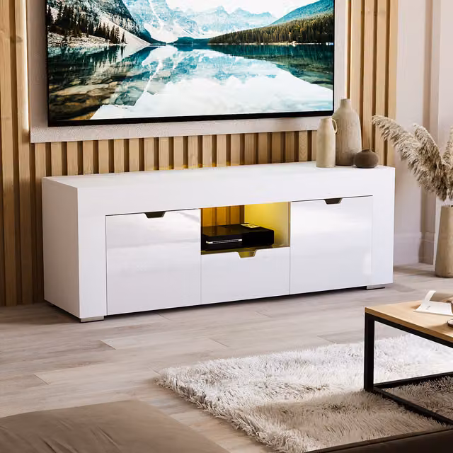 Vida Designs Eclipse Modern Glossy White LED TV Unit with 2 Doors, 1 Drawer and Glass Details