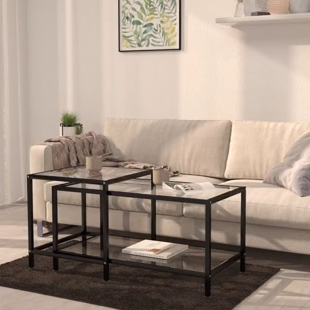 Berkfield Home Set of 2 Nested Rectangular Tea Tables with Transparent Tempered Glass and Black Metal Frames