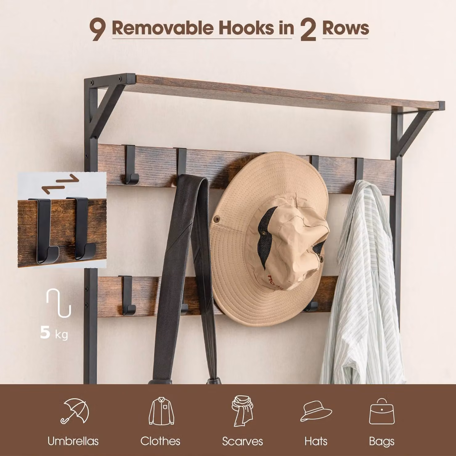 Costway 3-in-1 Industrial Hall Tree with Shoe Bench and Storage in Brown – 5