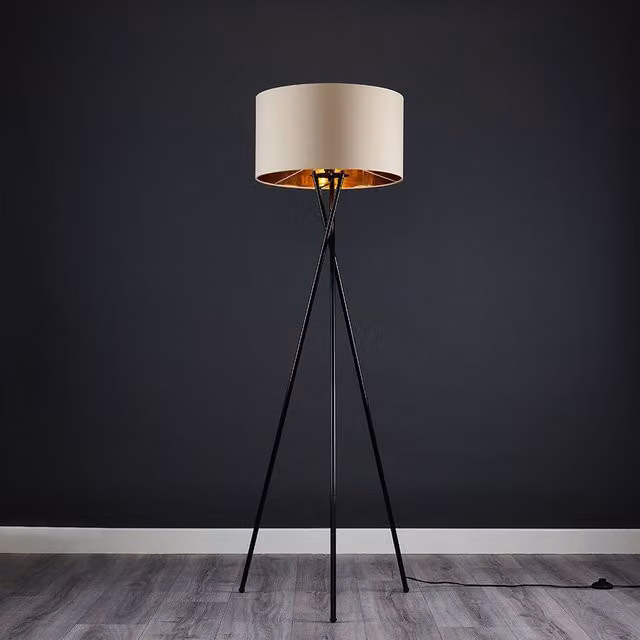 ValueLights Camden Tripod Floor Lamp in Black with Beige Fabric Shade and Bulb