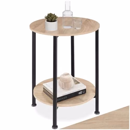 tectake Ballina Bedside Table in Light Oak with Black Metal Frame, Diameter: 45 cm, Height: 64 cm – 1