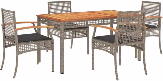 Berkfield Home 5 Piece Grey Poly Rattan Garden Dining Set with Acacia Wood and Cushions