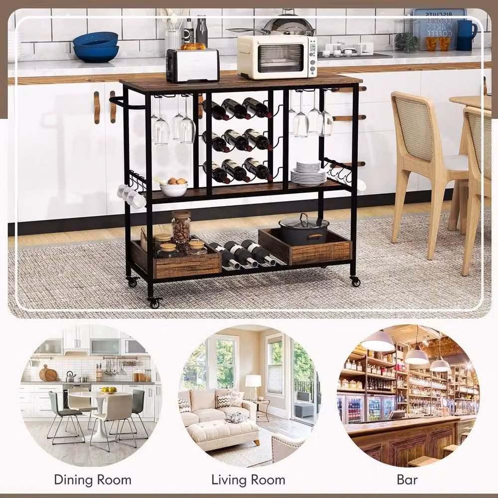 VOGREX Industrial 3-Tier Rolling Bar Serving Cart in Brown with Metal and Glass Finish – 5