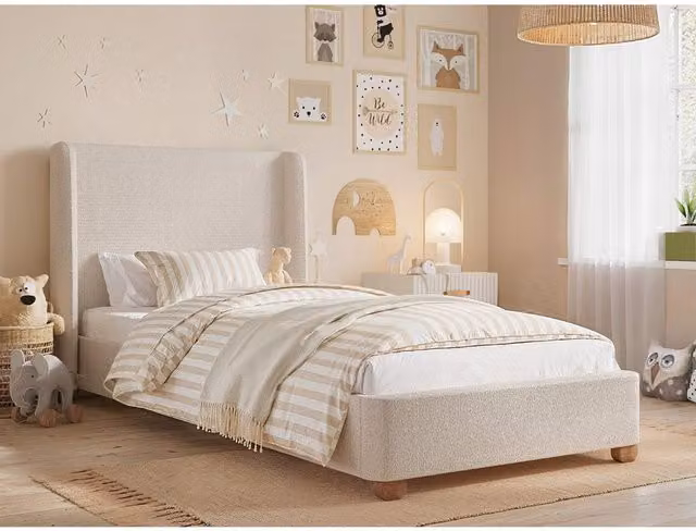 Flair Alma Single Winged Headboard Bed in Beige Bouclé and Velvet