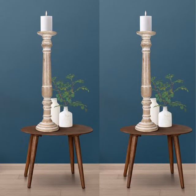 Topfurnishing Set of 2 Rustic Antique Carved Wooden Pillar Church Candle Holders in Beige and Yellow, W/D/H: 18 x 18 x 63 cm