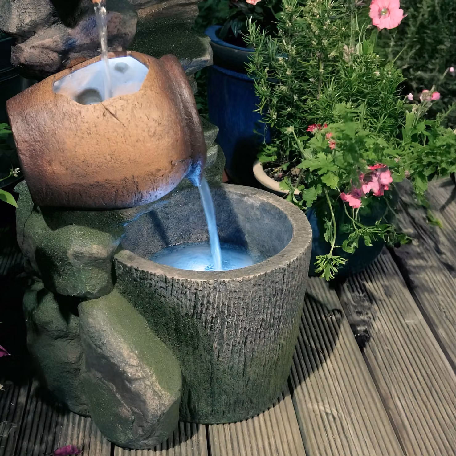 Primrose Honey Pots Barrel Cascading Water Feature with Lights, Stone Effect, Brown, Height: 68 cm – 5