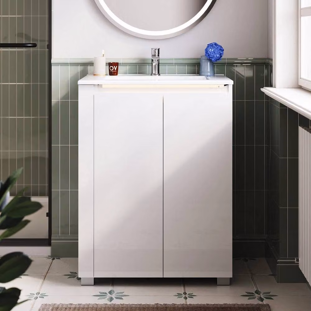 ERGOVEXA White Glossy Floor Standing Bathroom Vanity Unit with Integrated LED Lighting and Internal Shelves – 2
