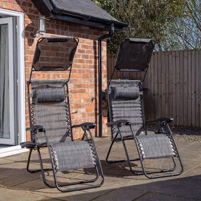 Samuel Alexander Pack of 2 Multi-Position Garden Gravity Relaxer Sun Loungers with Canopy in Grey and Black – 1