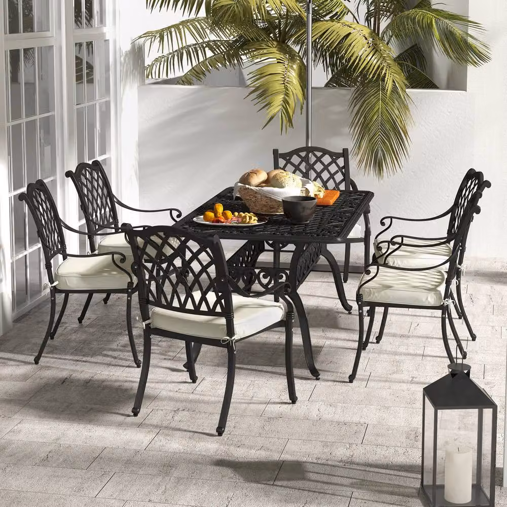 OUTSUNNY 7-Piece Cast Aluminium Patio Dining Set with Cushions and Umbrella Hole in Matt Black – 2