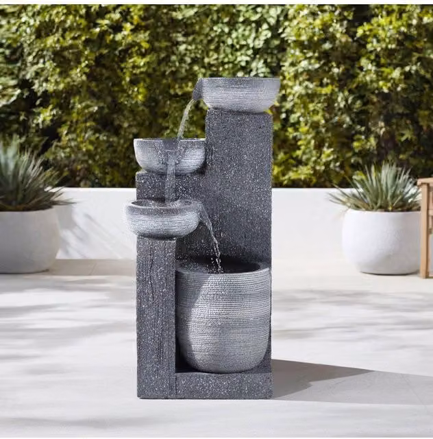 Garden Sanctuary Solar-Powered Cascade Rockery Water Feature in White and Grey Stone
