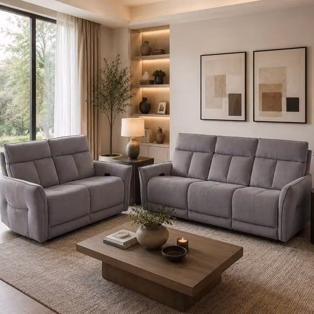 Aspire Grayson Grey Fabric Upholstered Power Recliner 3 + 2 Sofa Set with USB Charging