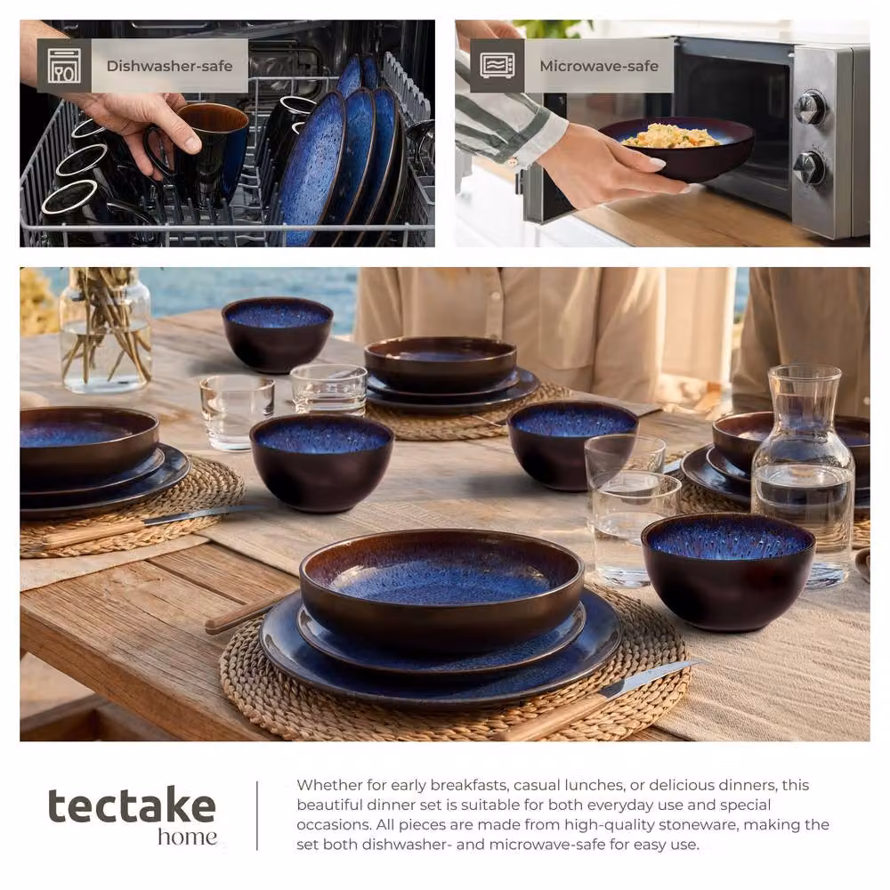 tectake Mare Blue Glazed Stoneware Dinner Set for 6 People – 7