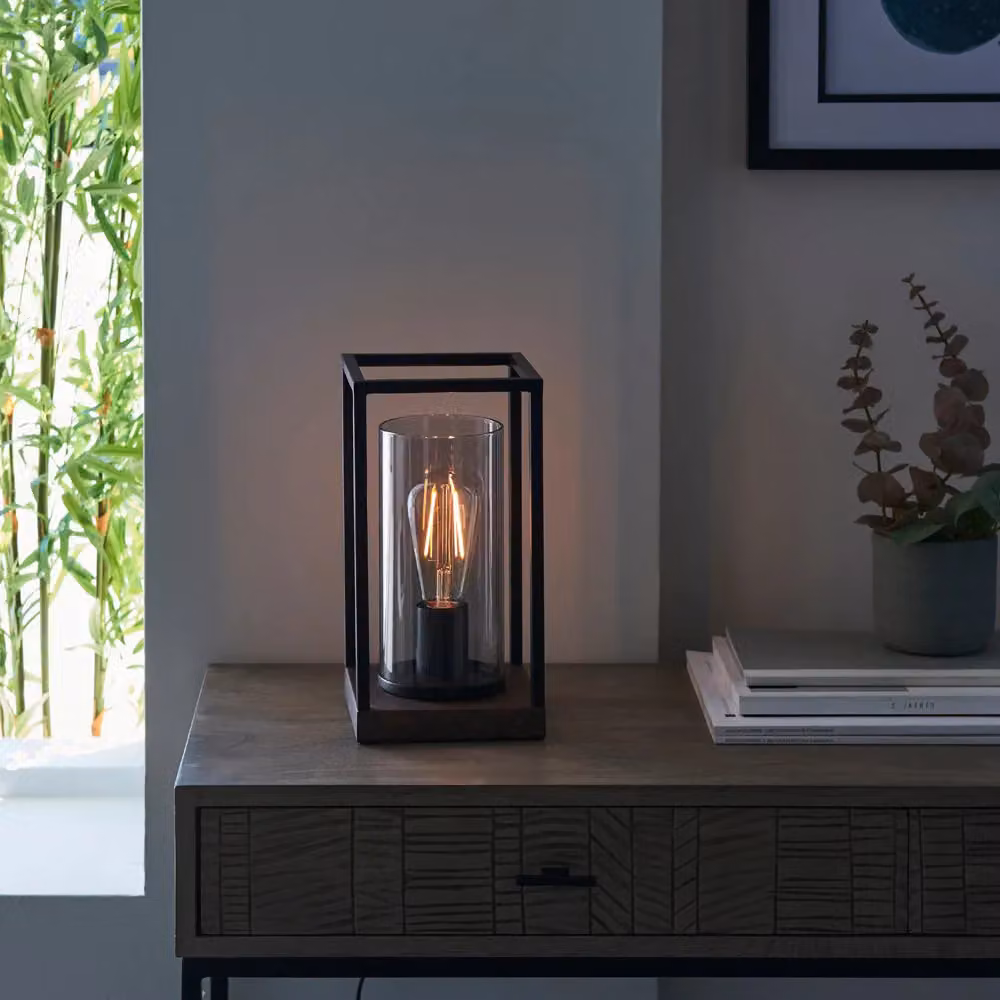 Loops Industrial Framed Table Lamp with Glass Shade in Matt Black and Bronze Patina – 3