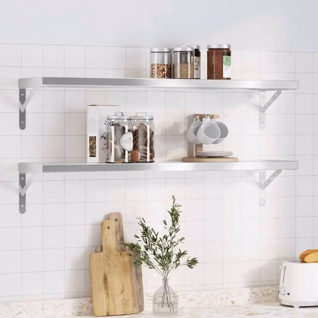 Berkfield Home Wall Mounted Shelves, 2 Pack, Silver Stainless Steel, W: 100 cm, D: 23.5 cm, H: 3 cm