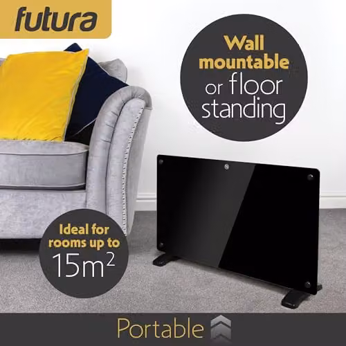 Futura 1500W Black Glass Electric Convector Panel Heater, Wall Mounted or Freestanding with Thermostat and Open Window Detection – 8