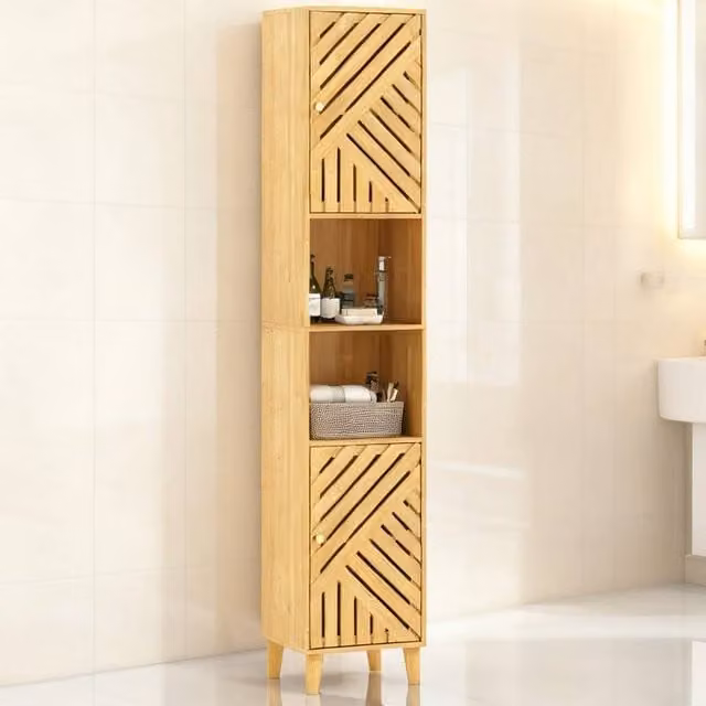 ERGOVEXA Multi-Storage Bamboo Bathroom Cabinet with Hinged Doors and Open Shelves, Natural Wood, H 170 x W 32 x D 30 cm – 1