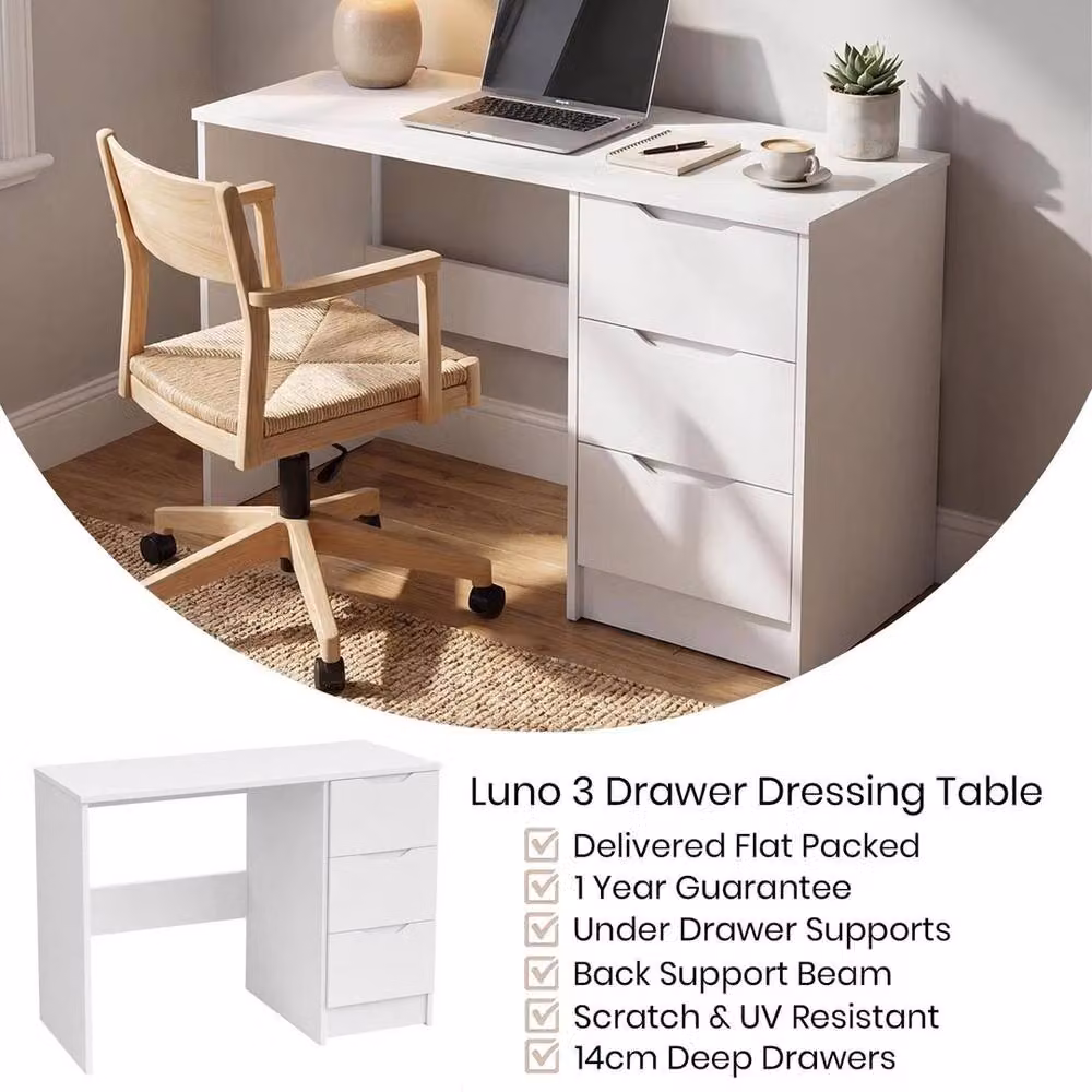 ERGOVEXA Modern 3 Drawer Dressing Vanity and Home Office Desk in White – 3