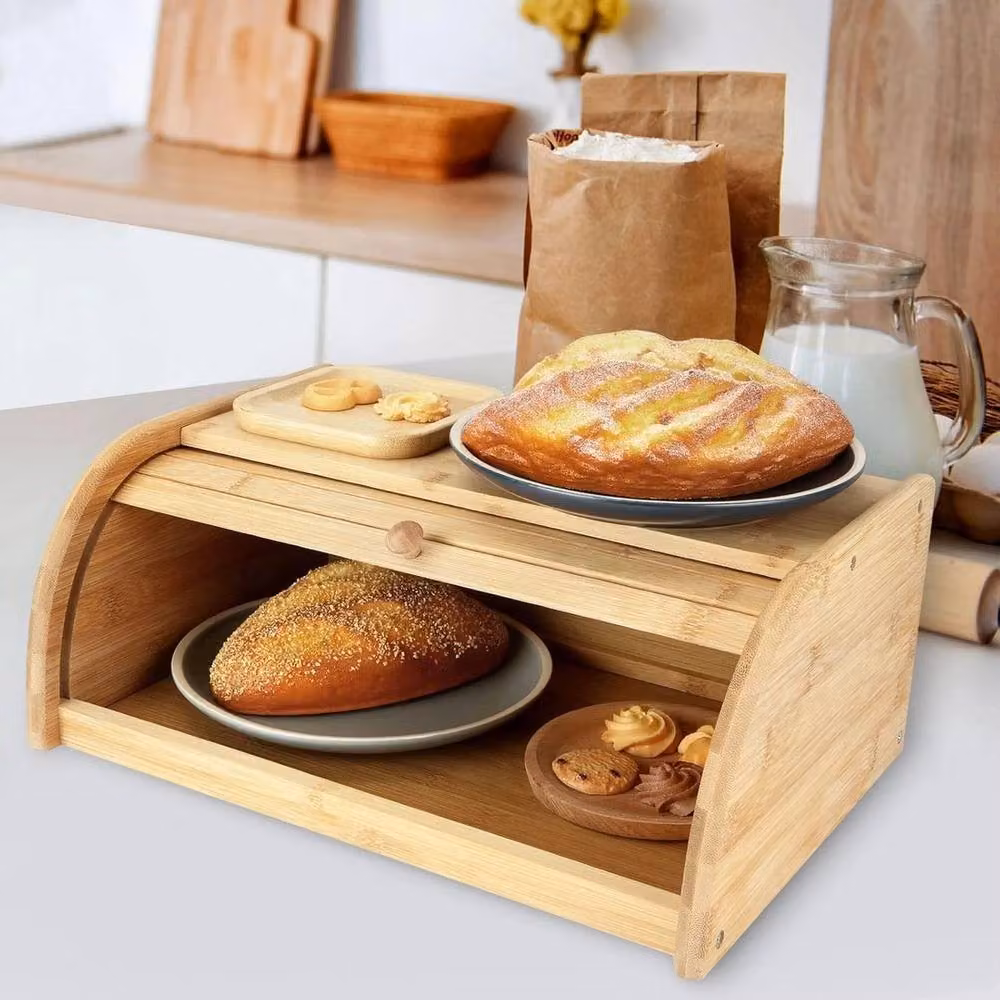 Havendro Brown Bamboo Wooden Roll-Top Bread Bin and Loaf Storage Box – 4
