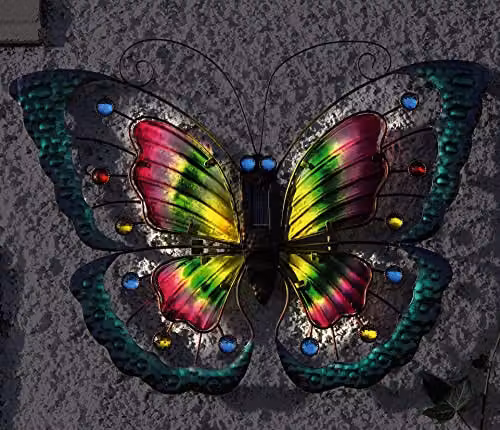 mysmartbuy Butterfly Solar Powered Light Decoration, Multicoloured Metal and Glass Outdoor Garden Hanging Ornament, H: 40 cm, W: 57 cm – 3
