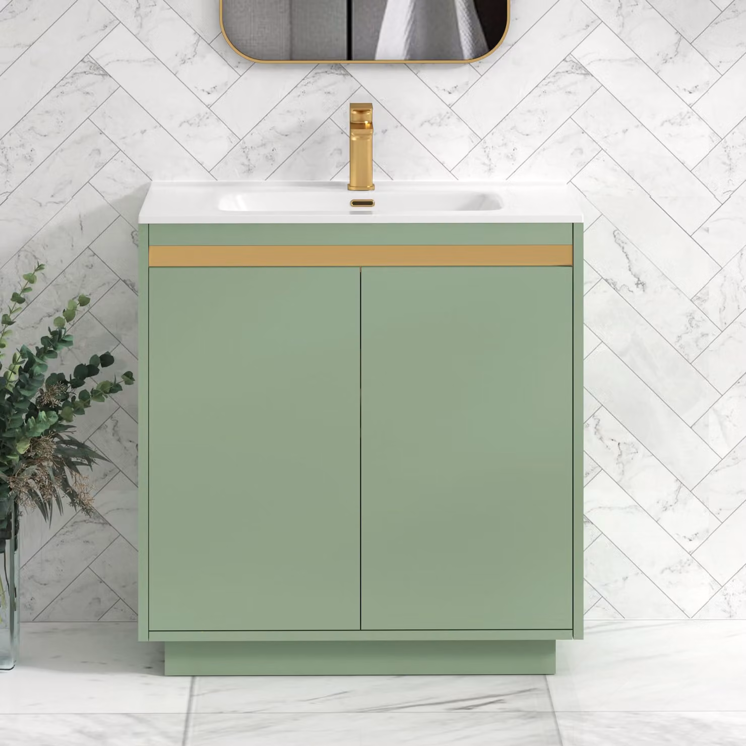 Royal Bathrooms Orion 800mm Mint Sage 2 Door Floor Standing Vanity Unit with Ceramic Basin and Brushed Brass Accent Trim