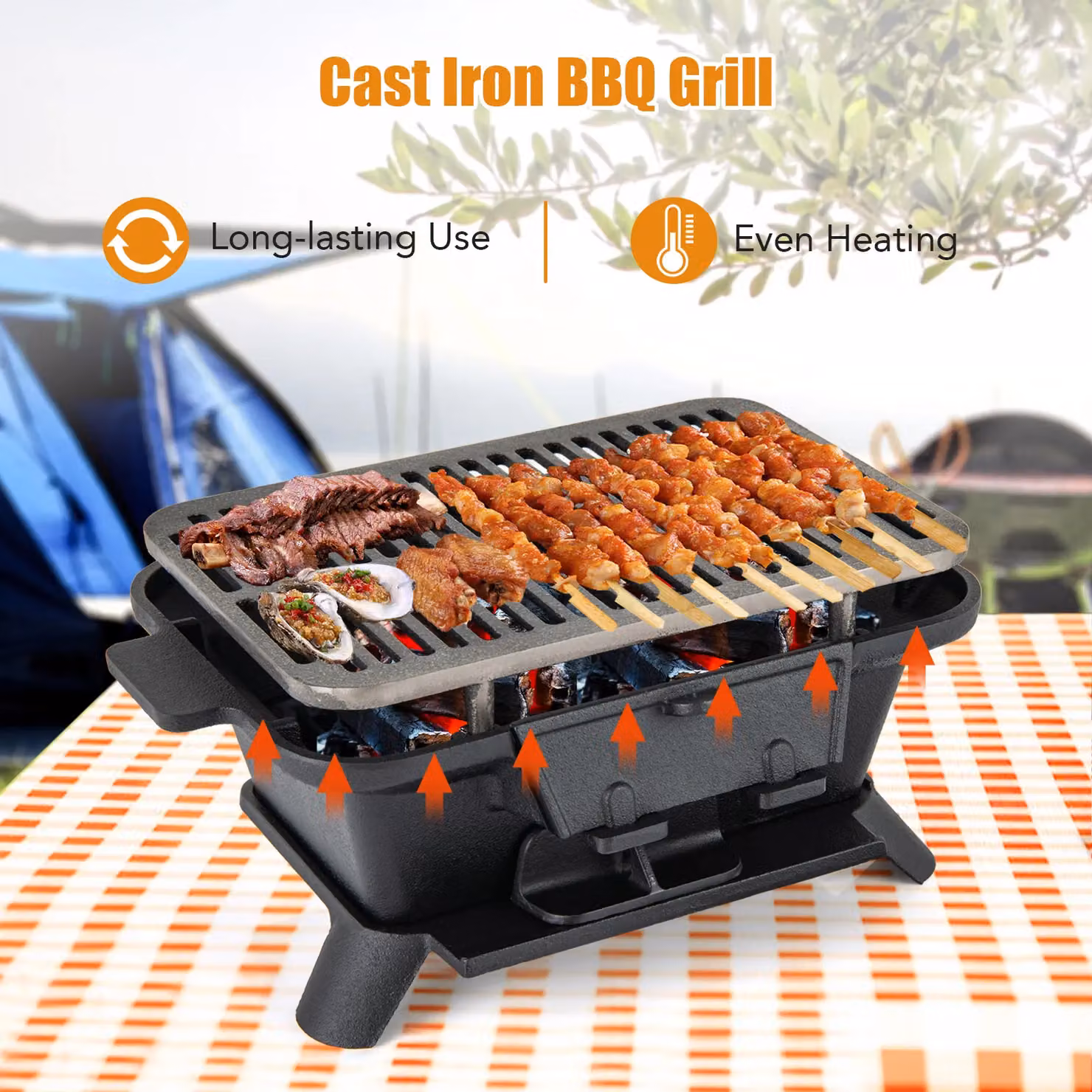 Gymax Portable Cast Iron Charcoal Hibachi Tabletop Grill, Black, W/D/H: 40 x 27 x 18 cm – 4