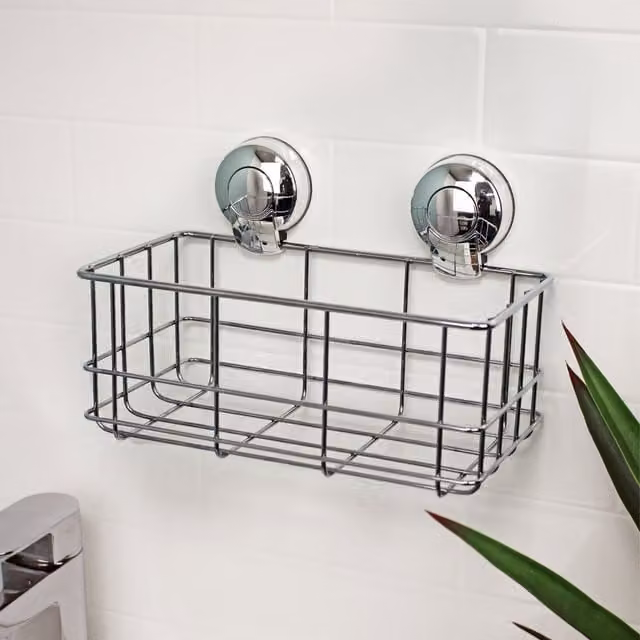 Showerdrape Suctionloc Silver Stainless Steel Wall Mounted Slatted Bottle Basket