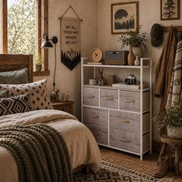 Wyld Haus Rile 7 Drawer Fabric and Wood Storage Chest in White and Natural Wood, W/D/H: 101 x 29 x 79 cm – 1