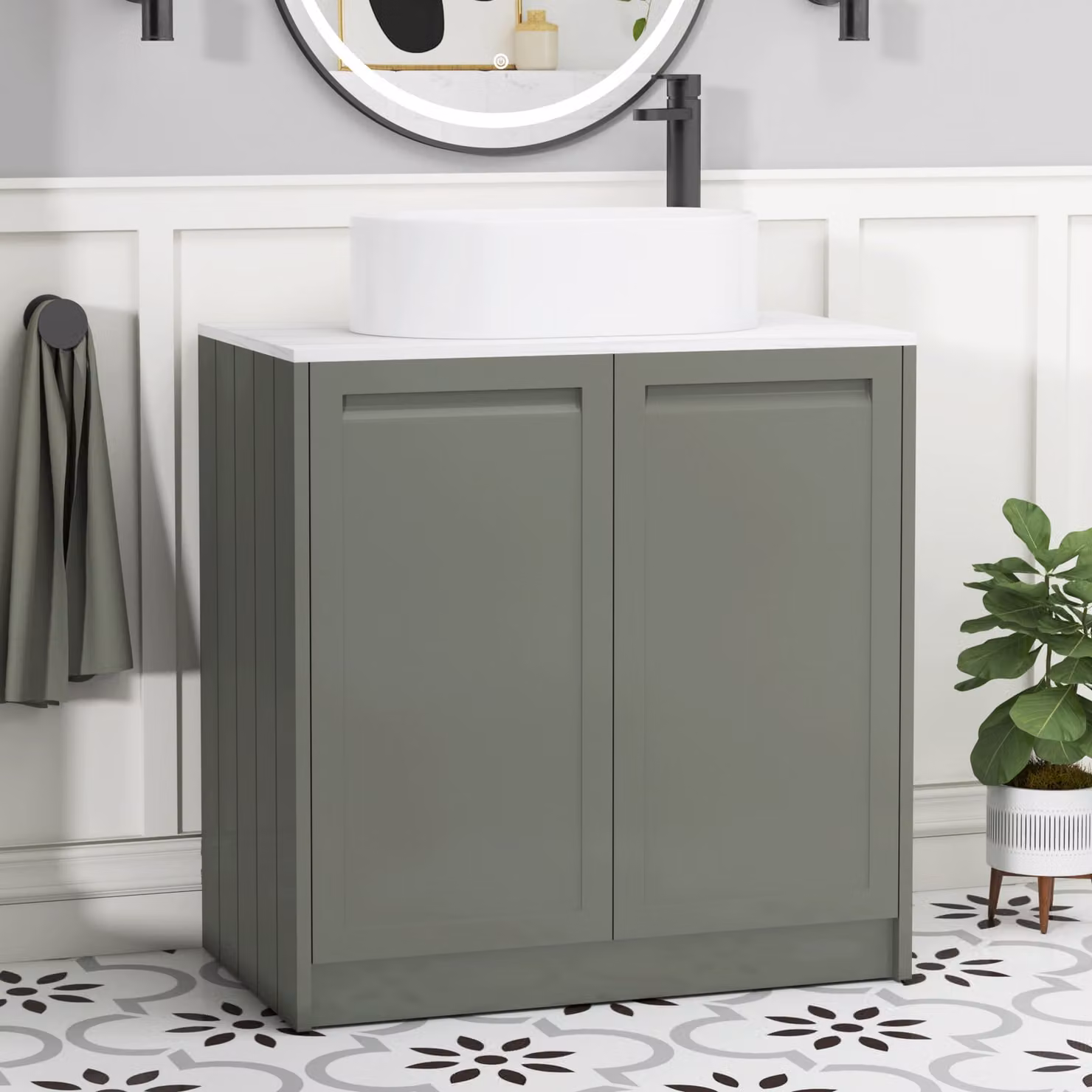 Royal Bathrooms Elmore Floor Standing Countertop Vanity Unit with Peak Basin, Matt Green and White, 2 Doors