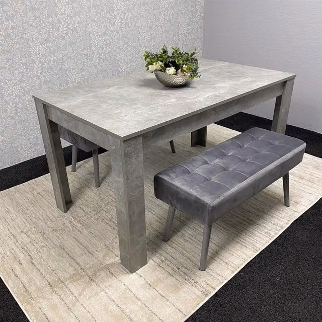 KOSY KOALA Stone Grey Effect Wood Dining Table Set with 2 Grey Velvet Benches in Brown and Grey – 1