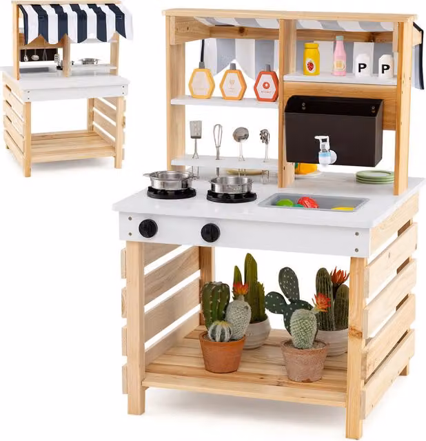 Costway Wooden Outdoor Kitchen Playset in Brown and White