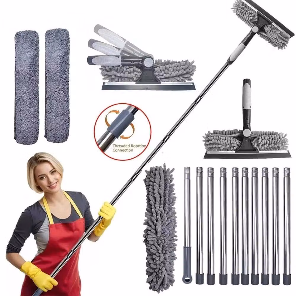 FLAVORA Grey 4.5m Telescopic Extendable Window Cleaner Squeegee with Microfibre Head and Scraper – 2