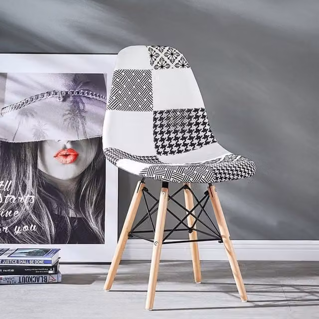 Life Interiors Modern Abstract Patchwork Dining Chair in Black, White and Multicolour with Wooden Legs and Metal Frame – 1