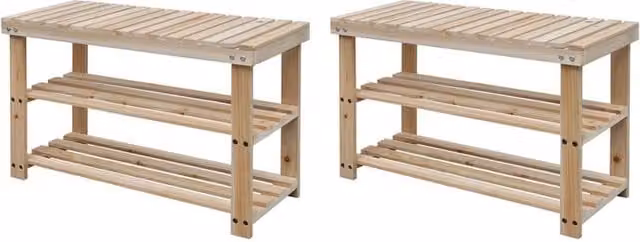 Berkfield Home 2-in-1 Solid Wood Shoe Rack with Bench Top, 2-Piece Set in Brown and Beige – 1