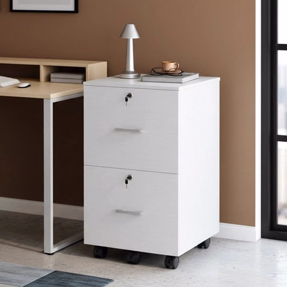 EONLION 2 Drawer Locking Filing Cabinet with Castors in White – 2