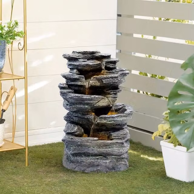Livingandhome Solar Stacked Shale Waterfall Cascade Water Fountain with LED Lights in Grey