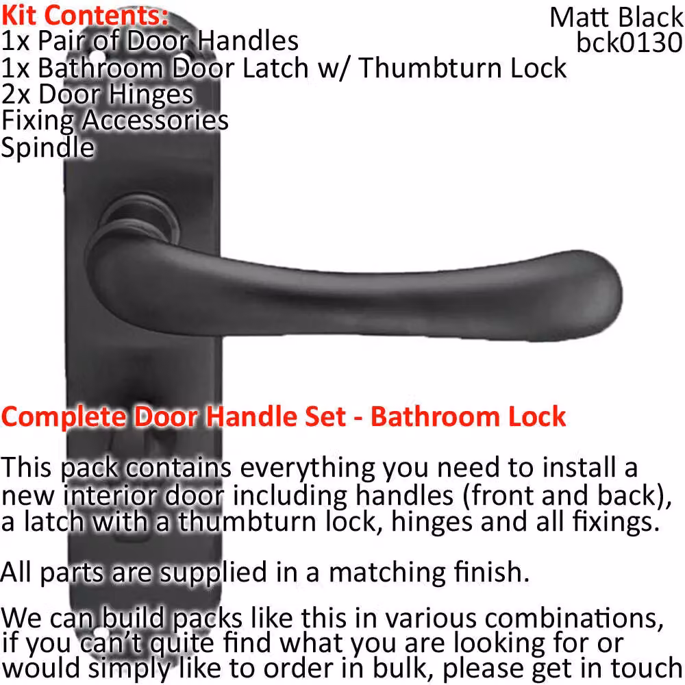 Loops Matt Black Smooth Round Lever Door Handle and Bathroom Lock Pack – 2
