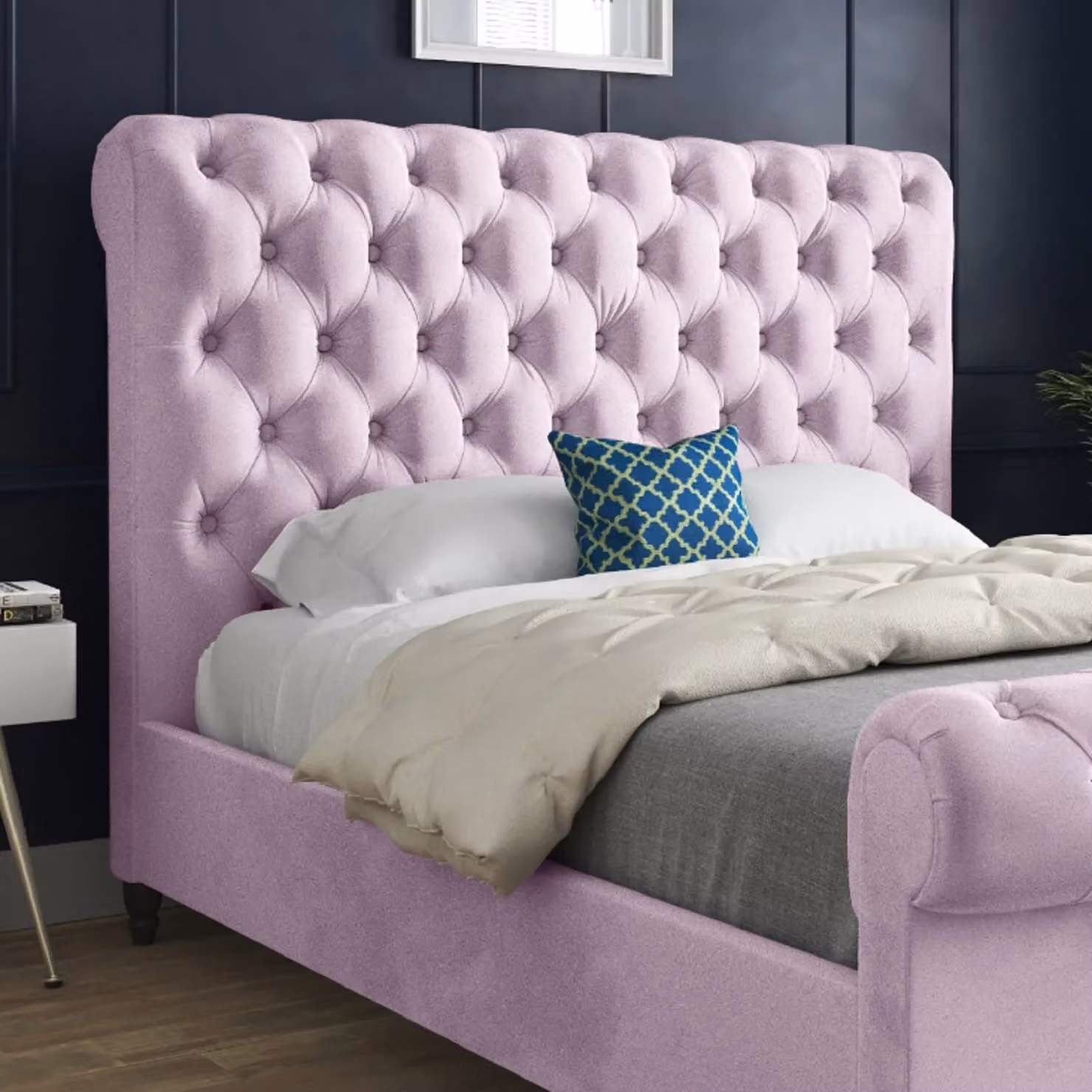 Casani Sienna Sleigh Upholstered Velvet Bed Frame in Pink, W/D/H: 90 x 200 x 119 cm – 2