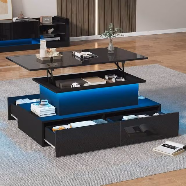 STILVORA Modern Black Glossy Coffee Table with Lift Top, 4 Drawers and Glass Panel Side