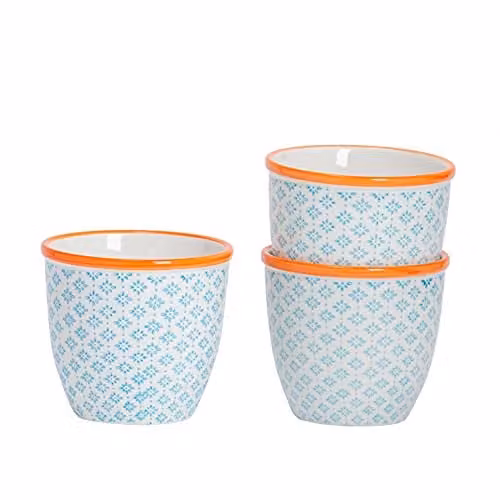 Nicola Spring Hand Printed Floral Ceramic Plant Pots, Blue and Orange, Pack of 3, W/D/H: 14 x 14 x 12.5 cm – 1