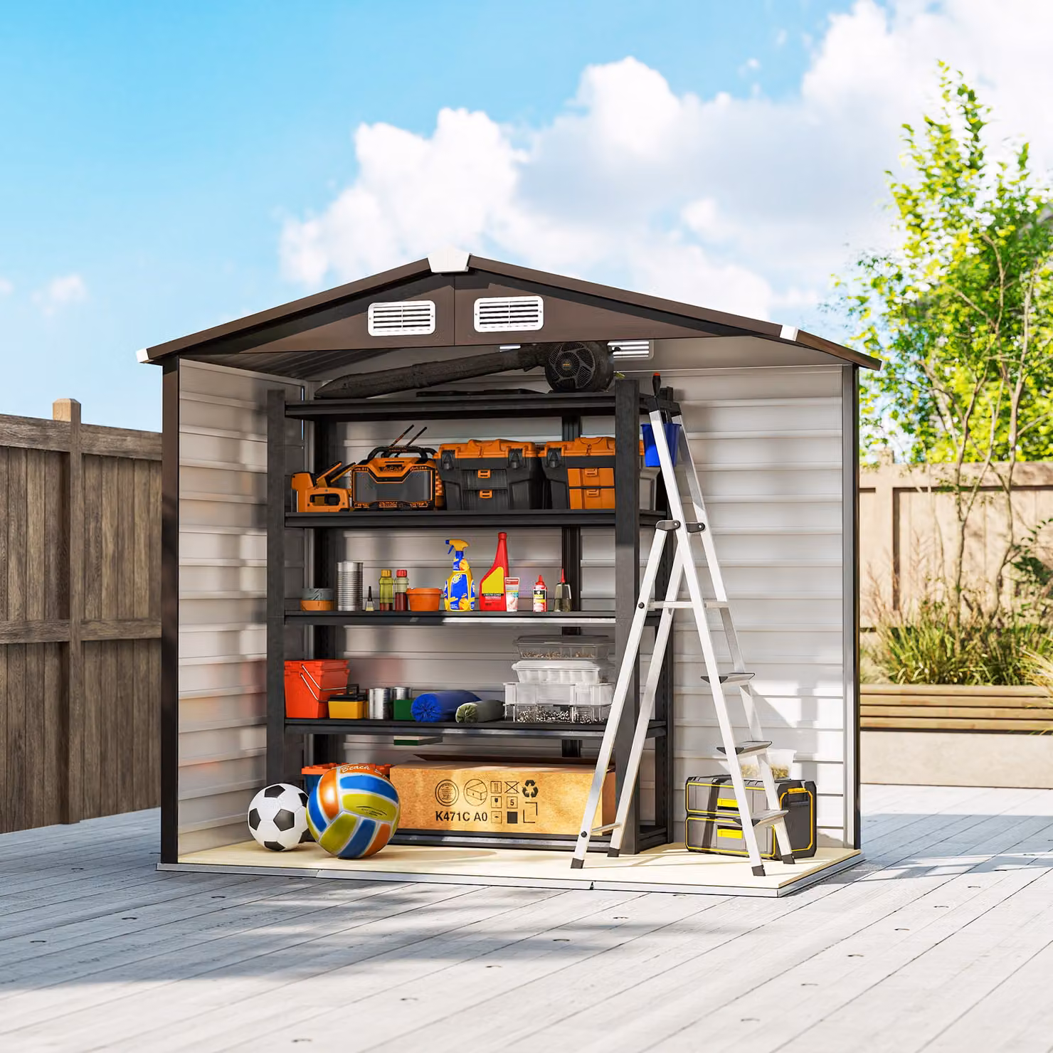 Outsunny Natural Metal Garden Storage Shed with Galvanised Steel Frame, Double Doors, Lock and Foundation Kit, W/D/H: 213.36 x 114.0 x 194.0 cm – 7
