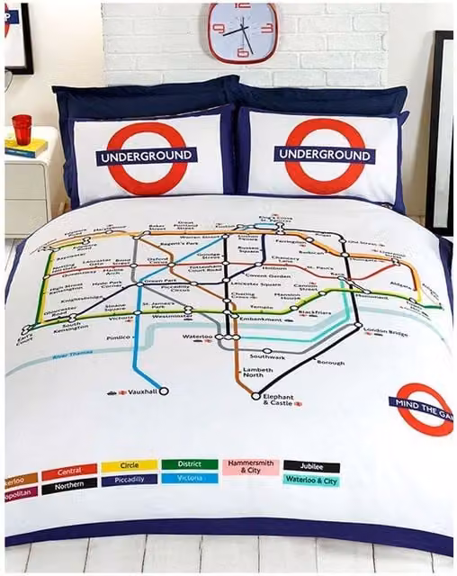 Rapport Tube Map Reversible Duvet Cover and Pillowcase Set in White, W: 140 cm, H: 200 cm