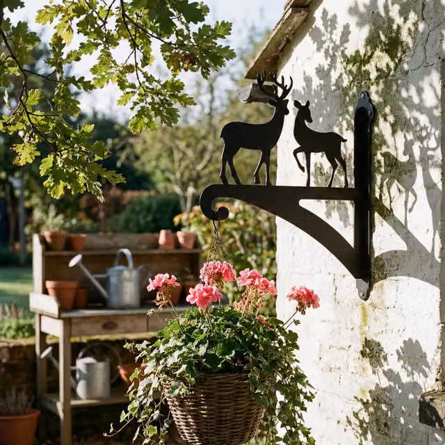Laser Hut Black Metal Deer Couple Ornamental Hanging Basket Planter Bracket