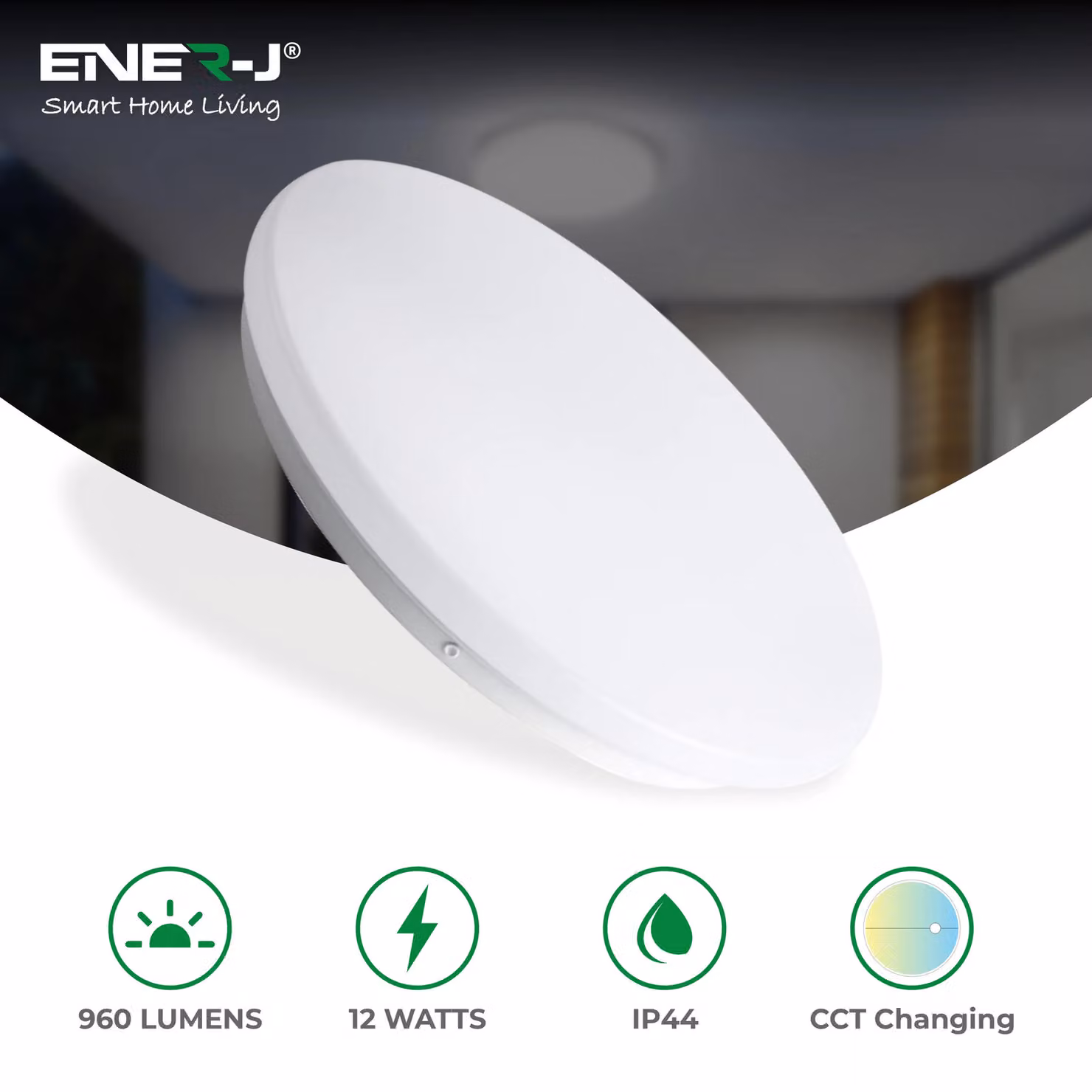 ENER-J 12W LED Ceiling Light with Microwave Motion Sensor, 960 Lumens, CCT Changeable, IP44, White, Diameter: 25 cm, Height: 19 cm – 2