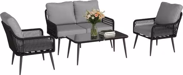 Outsunny 4 Piece Grey Rattan Garden Furniture Set with Tempered Glass Table and Powder Coated Steel Frame