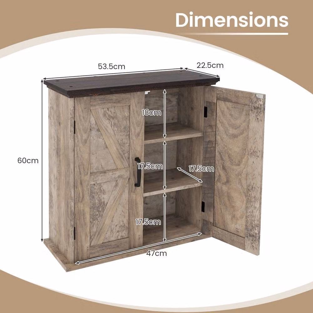 Gymax Rustic Farmhouse Wall Mounted Bathroom and Kitchen Cabinet with 2 Hinged Doors and Internal Shelves in Grey – 3