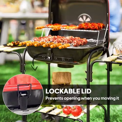 Outsunny Red Charcoal Barbecue Grill with Warming Rack and Wheels – 5