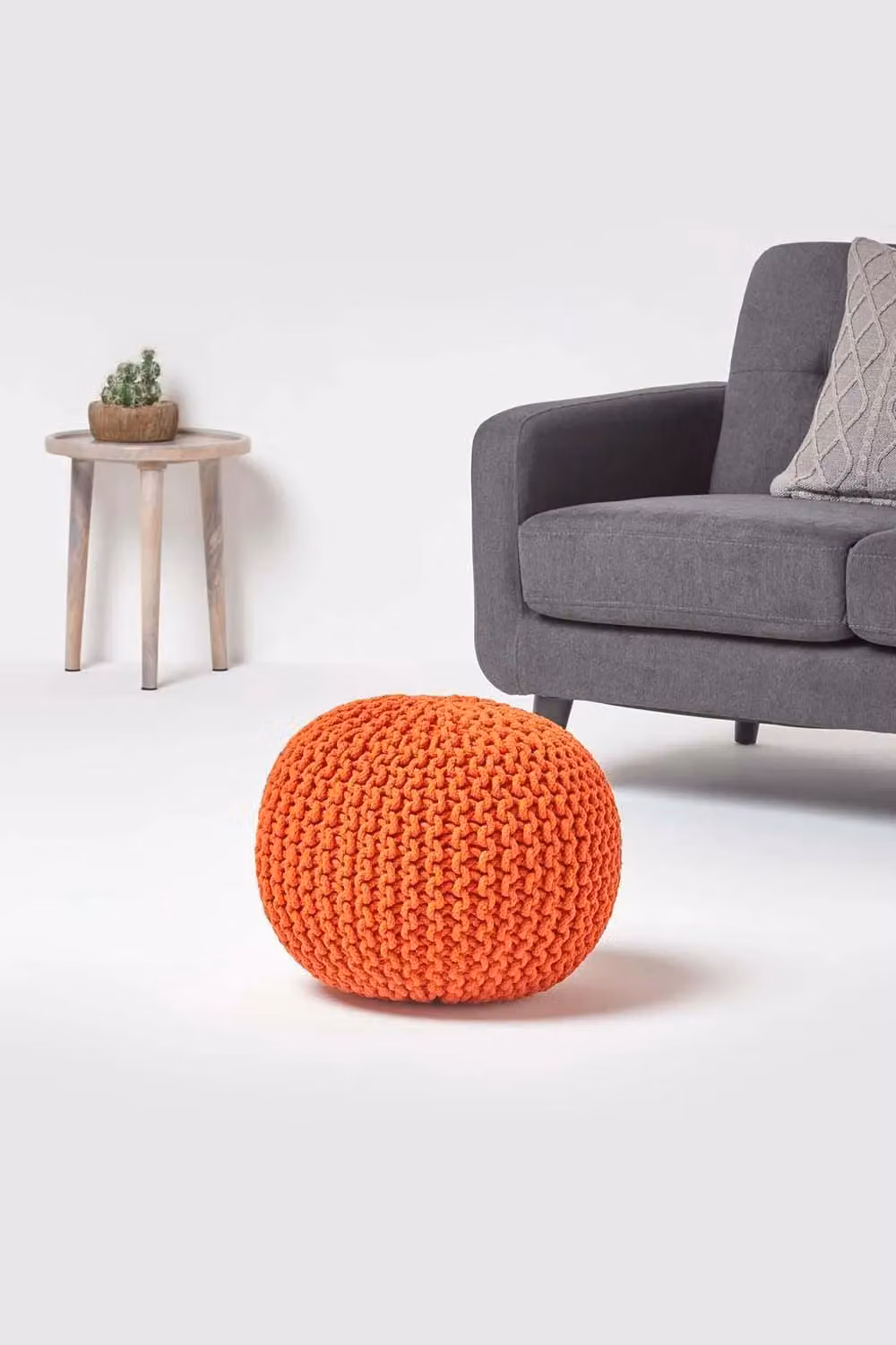 Homescapes Round Cotton Knitted Pouffe Footstool in Orange – 2