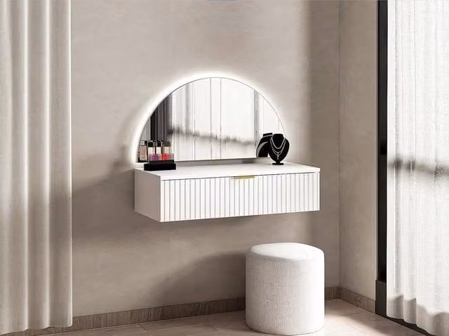 Vente-unique White Wall-Mounted Dressing Table with Hollywood LED Mirror and 1 Drawer, W/D/H: 80 x 35 x 60 cm
