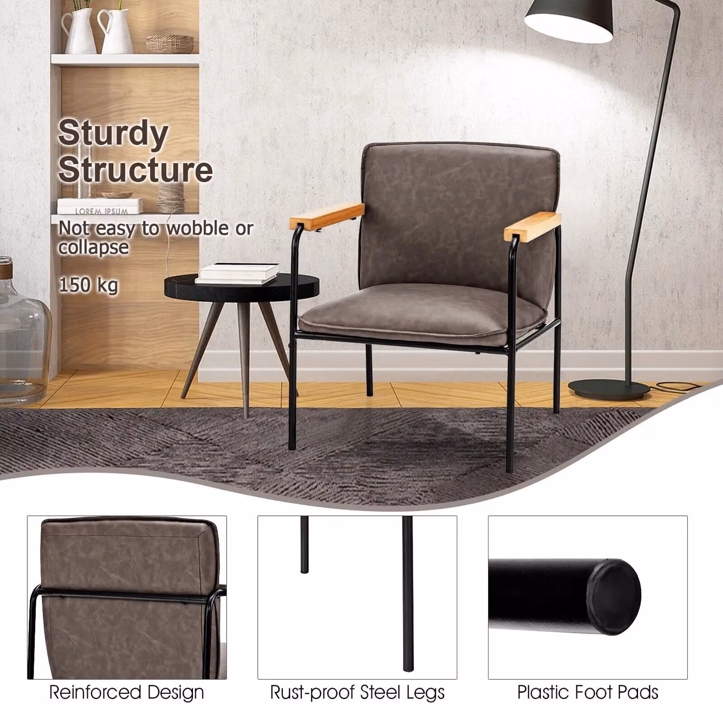 Costway Grey PU Leather Accent Chair with Armrests and Foam Cushion – 4