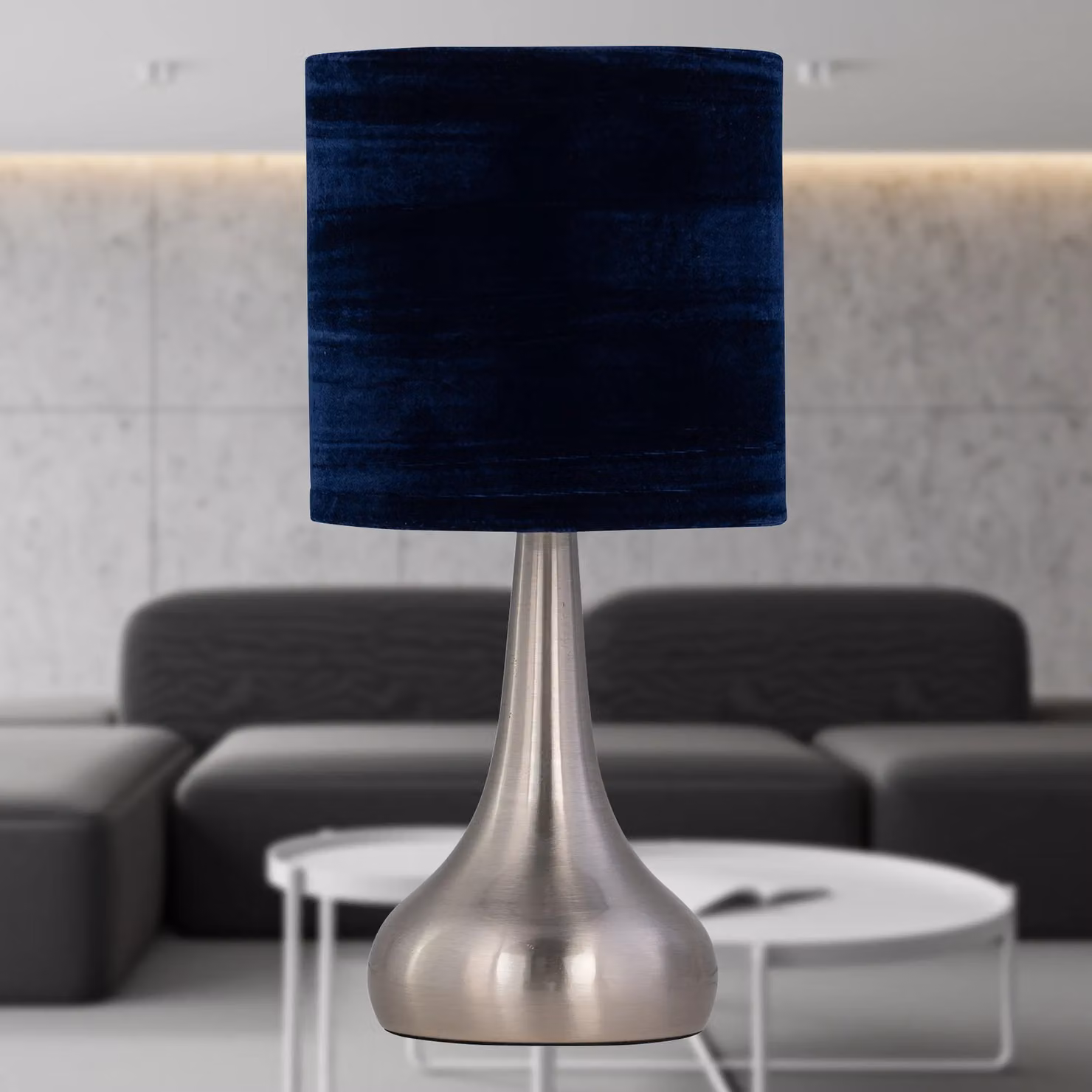 First Choice Lighting Romana Touch Table Lamp in Brushed Chrome with Blue Fabric Shade – 2